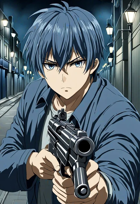 high resolution, solo, best quality, 1Boy, Tomoya Okazaki, Grey Blue Hair, portraits, midnight, dim street lights, mysterious, threatening, gun, aiming the gun to the viewer, OverallDetail