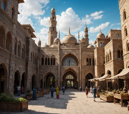 RAW photo, (masterpiece:1.3), subsurface scattering, heavy shadow, (high quality:1.4), (intricate, high detail:1.2), professional photography, HDR, High Dynamic Range, realistic, ultra realistic, photorealistic, high resolution, film photography, ambient lighting, atmospheric effects, <lora:detail_slider_v4:2>, OverallDetail, <lora:Arabian_Town:0.8>, arch, artow, blue sky, boat, building, castle, city, cloud, day, food, leaf, multiple boys, outdoors, plant, scenery, sky, watercraft, epiCPhoto,