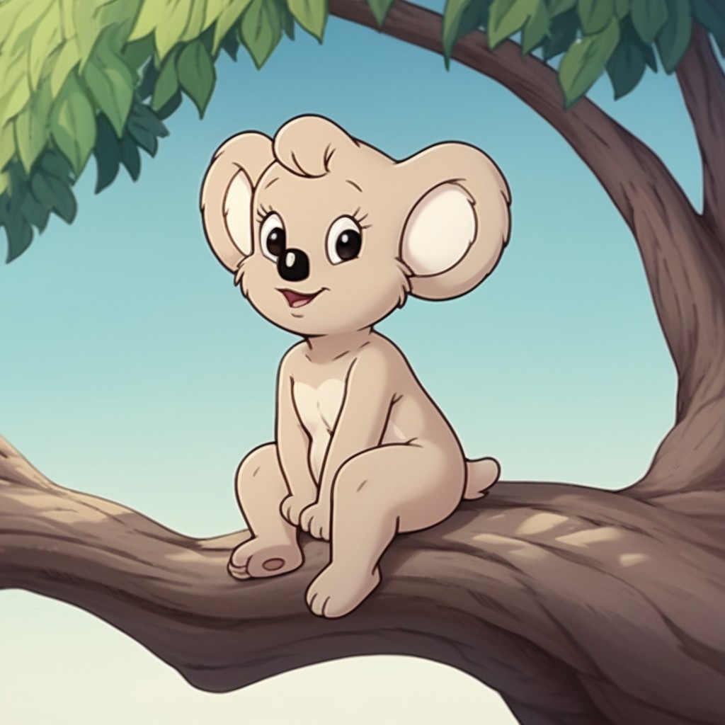 score_9, score_8_up, score_7_up, score_6_up, score_5_up, score_4_up, source_furry, Nutsybbv2, semi-anthro, female, Koala, tan fur,  sitting in a tree