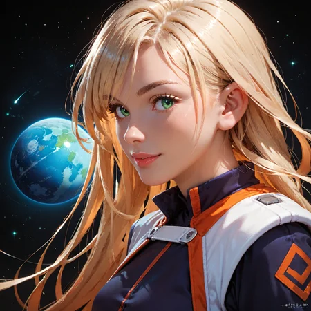 score_9, score_8_up, score_7_up, woman, outer space, stars, medium breasts, from side, smile, long blonde hair, lips, green eyes, blue planet, looking at viewer, space uniform <lora:sid_space_pilot_01_resize_same:0.6>