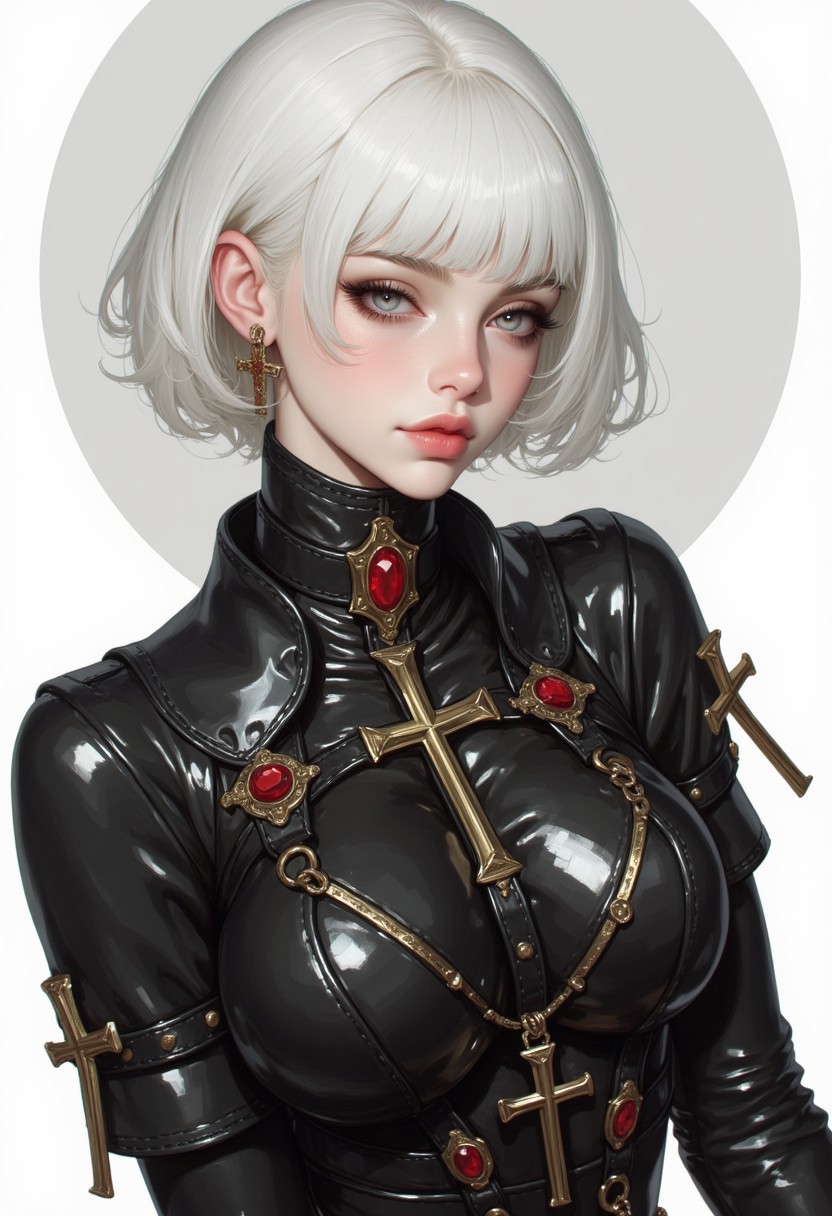 This is a highly detailed, digital illustration of a young woman with a striking, yorha 2b, ethereal appearance. She has porcelain skin with a subtle, natural glow, and her short, silky white hair. Her facial features are delicate with high cheekbones, full lips, and large, expressive blue eyes accentuated by meticulously drawn eyeliner and mascara. She has a serene, almost otherworldly expression with a slight, enigmatic smile.
She is dressed in a form-fitting, high-gloss black leather outfit adorned with intricate, gold accents and red gemstones. The outfit features a high collar and intricate, cross-shaped designs, giving it a gothic or medieval aesthetic. The leather has a wet, shiny texture, suggesting a high-quality, possibly latex or vinyl material. The cross motifs are prominent, with red stones set into the gold, adding a touch of luxury and symbolism.