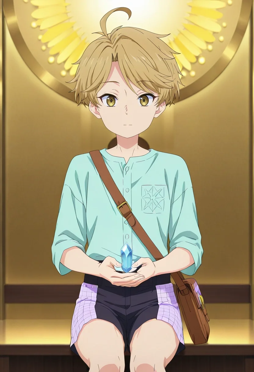 masterpiece, best quality, , anime screencap, anime coloring, official style, looking at viewer, 1boy, solo, male focus, <lora:yuuma_nikaidou_ilxl:1>, yuuma_nikaidou, blonde hair, yellow eyes, short hair, ahoge, crystal sanctuary, gem gardens, light temples, meditation crystals, peaceful pose, tranquil expression, prismatic light, Patchwork Quilted shorts, Cargo shirt, , , Satchel
