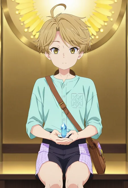 masterpiece, best quality, , anime screencap, anime coloring, official style, looking at viewer, 1boy, solo, male focus, <lora:yuuma_nikaidou_ilxl:1>, yuuma_nikaidou, blonde hair, yellow eyes, short hair, ahoge, crystal sanctuary, gem gardens, light temples, meditation crystals, peaceful pose, tranquil expression, prismatic light, Patchwork Quilted shorts, Cargo shirt, , , Satchel