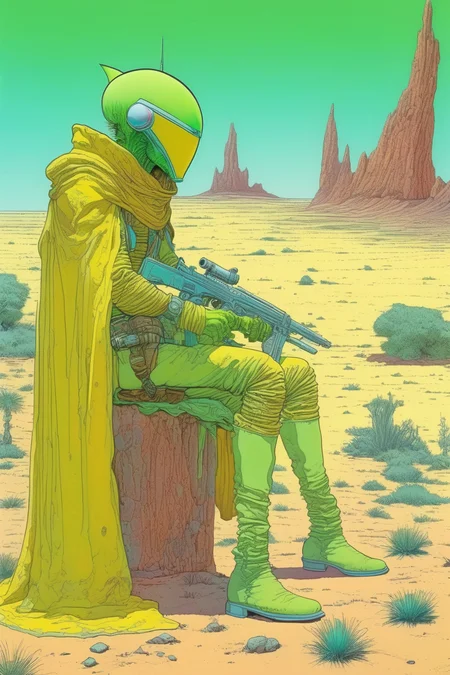 <lora:Moebius (Jean Giraud) Style:1>Moebius (Jean Giraud) Style - A picture by Jean Giraud Moebius, the picture shows a green and yellow alien bounty hunter, drawing, western backdrop in Moebius' signature style with sharp detailing and vibrant colors. Captured with a Panavision Panaflex Gold II and an Ultra Panavision 70 lens, the image is full of film grain and low - key lighting that creates a mysterious and intense atmosphere.