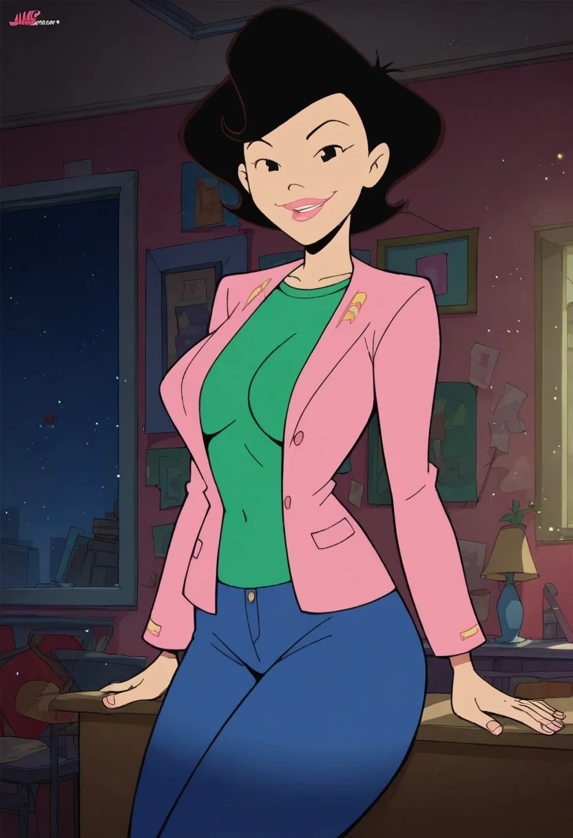 score_9, score_8_up, score_7_up, score_6_up, score_7_up, source_cartoon,BREAK, 1girl, susanlongv1, looking at viewer, pink lips, smile, black hair, black eyes, mature female, large breasts, curvy, squinting, green shirt,pink blazer,blue jeans, in the livingroom,evening, volumetric lighting, light particles