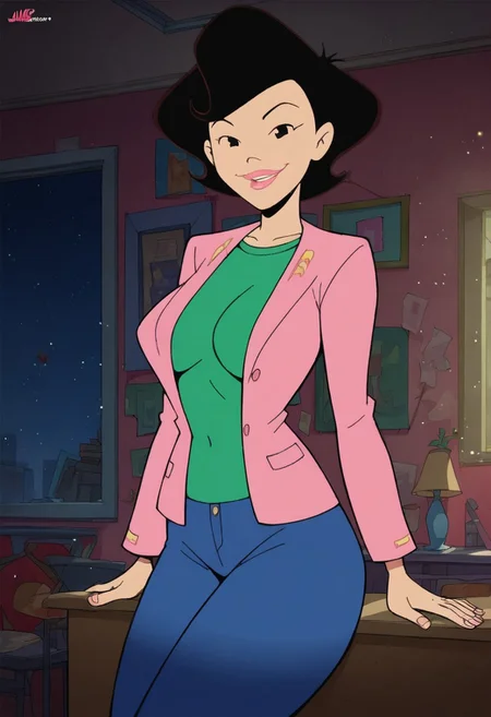 score_9, score_8_up, score_7_up, score_6_up, score_7_up, source_cartoon,BREAK, 1girl, susanlongv1, looking at viewer, pink lips, smile, black hair, black eyes, mature female, large breasts, curvy, squinting, green shirt,pink blazer,blue jeans, in the livingroom,evening, volumetric lighting, light particles
