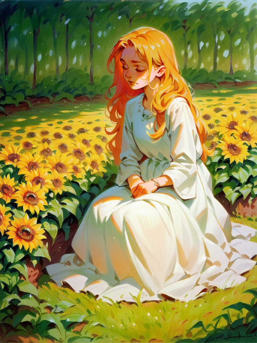 score_9, score_8_up, score_7_up, score_6_up, outdoors,1girl, long hair, dress, sitting, sunflower, <lora:m0n3tXLP:1> m0n3t, traditional media