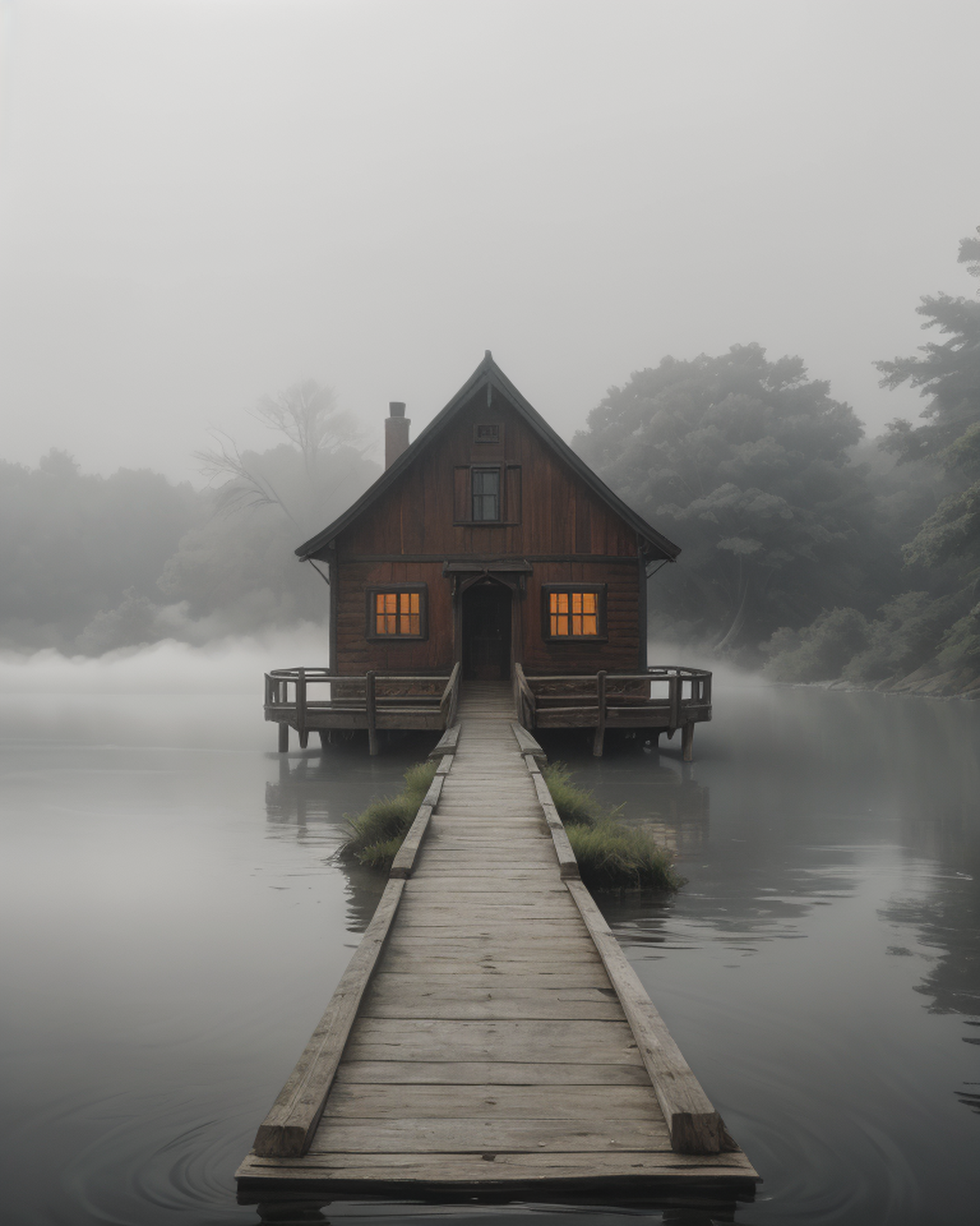 a wooden bridge that leads to a small island in the river. On the island stands a old house in slavic style, a couple of trees next to it, a half-submerged boat near the bridge. Fog rises around, a white haze around, like a veil separating from another world, style by Lovecraft, meticulous, intricate, entangled, intricately detailed, Dark, Volumetric cinematic lighting<lora:epi_noiseoffset2:0.25>, mist, foggy, <lora:foggy_v1.0:0.4>,