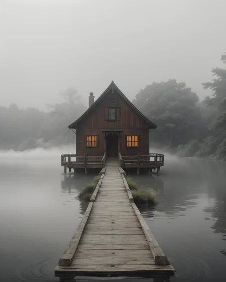 a wooden bridge that leads to a small island in the river. On the island stands a old house in slavic style, a couple of trees next to it, a half-submerged boat near the bridge. Fog rises around, a white haze around, like a veil separating from another world, style by Lovecraft, meticulous, intricate, entangled, intricately detailed, Dark, Volumetric cinematic lighting<lora:epi_noiseoffset2:0.25>, mist, foggy, <lora:foggy_v1.0:0.4>,