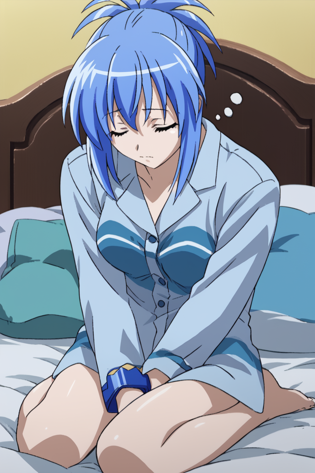 score_9, score_8_up, score_7_up, source_anime, <lora:Natsuru Senou:1>, NatsuruChan, blue hair, medium breasts, blue bracelet, NatsuruPajamas, pale blue pajama shirt, on bed, full body, sitting, sleepy