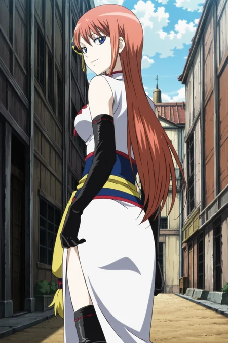 anime screencap, anime coloring, detailed face, masterpiece, best quality, very aesthetic, absurdres, volumetric lighting,
 <lora:Kagura_Gintama_The_Movie_The_Final_Chapter_Be_Forever_Yorozuya:1>
outside, in a town, day,
Kagura (character), mature woman, kagura (gintama), 1girl, solo,gloves, Chinese clothes, boots, long hair, orange hair, blue eyes, thighhighs, dress, elbow gloves, 
view from behind, looking back at the viewer, sexy smile, cowboy shot
