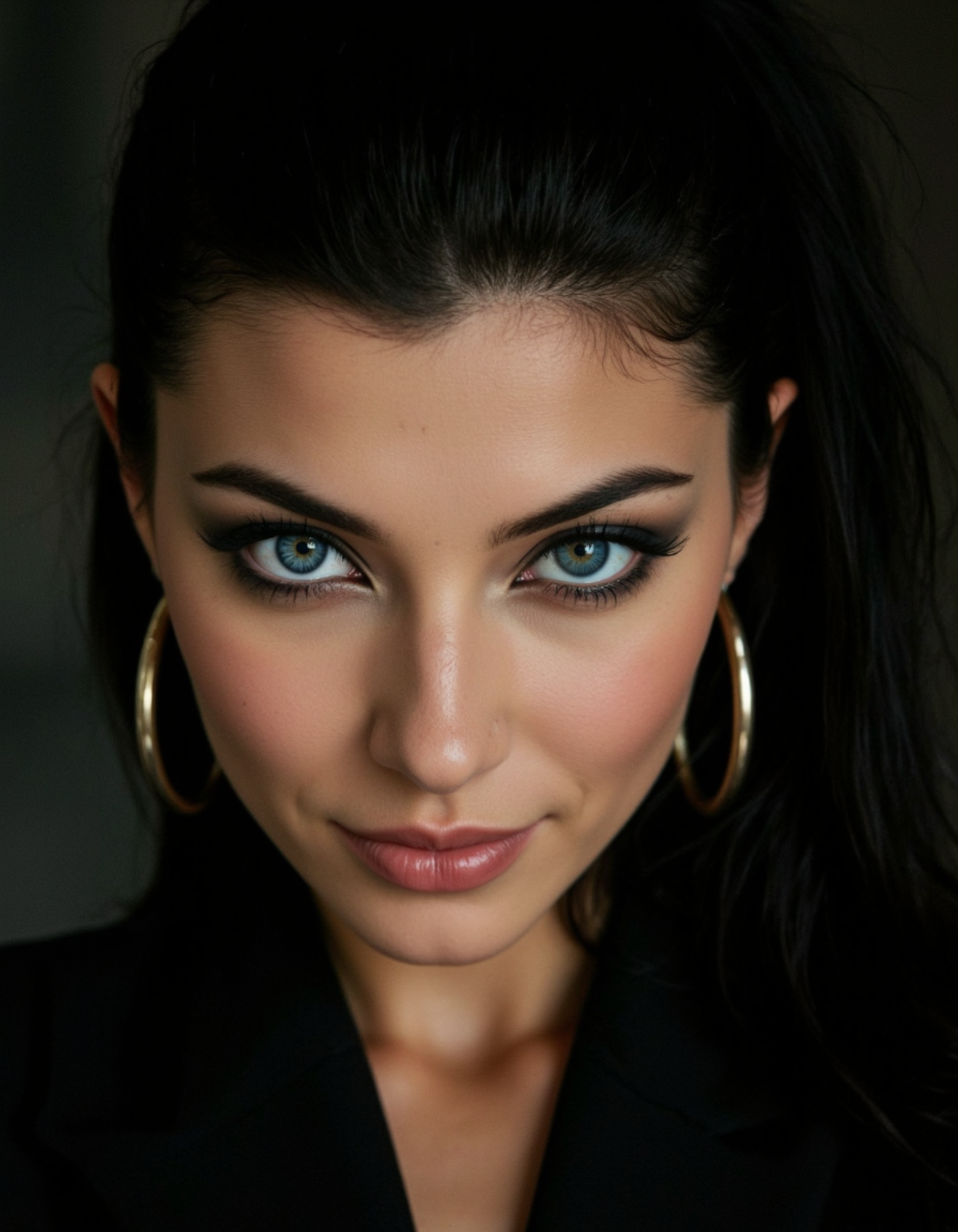 glamorous photo (dark mood masterpiece Photography:1.2), portrait of a mysterious woman with blue eyes and bold eyeliner, she has sensuous lips, looking seductively, naughty, smirking. The extreme realism focuses on her detailed skin, showing fine textures and natural highlights. photography masterpiece, modern, irresistible beauty, fuzzy lighting, dark mood, unusual composition, use of negative space, (rule of thirds composition), simmetry , mysteriouse, emotional, flirting, groundbreaking unrivaled opus with unrivaled details, (Pale Yellow color scheme), highly detailed, melancholic, low-light hyper detailed photography, catchlights, style by anton semenov . high fashion, luxurious, extravagant, stylish, sensual, opulent, elegance, stunning beauty, professional, high contrast, detailed