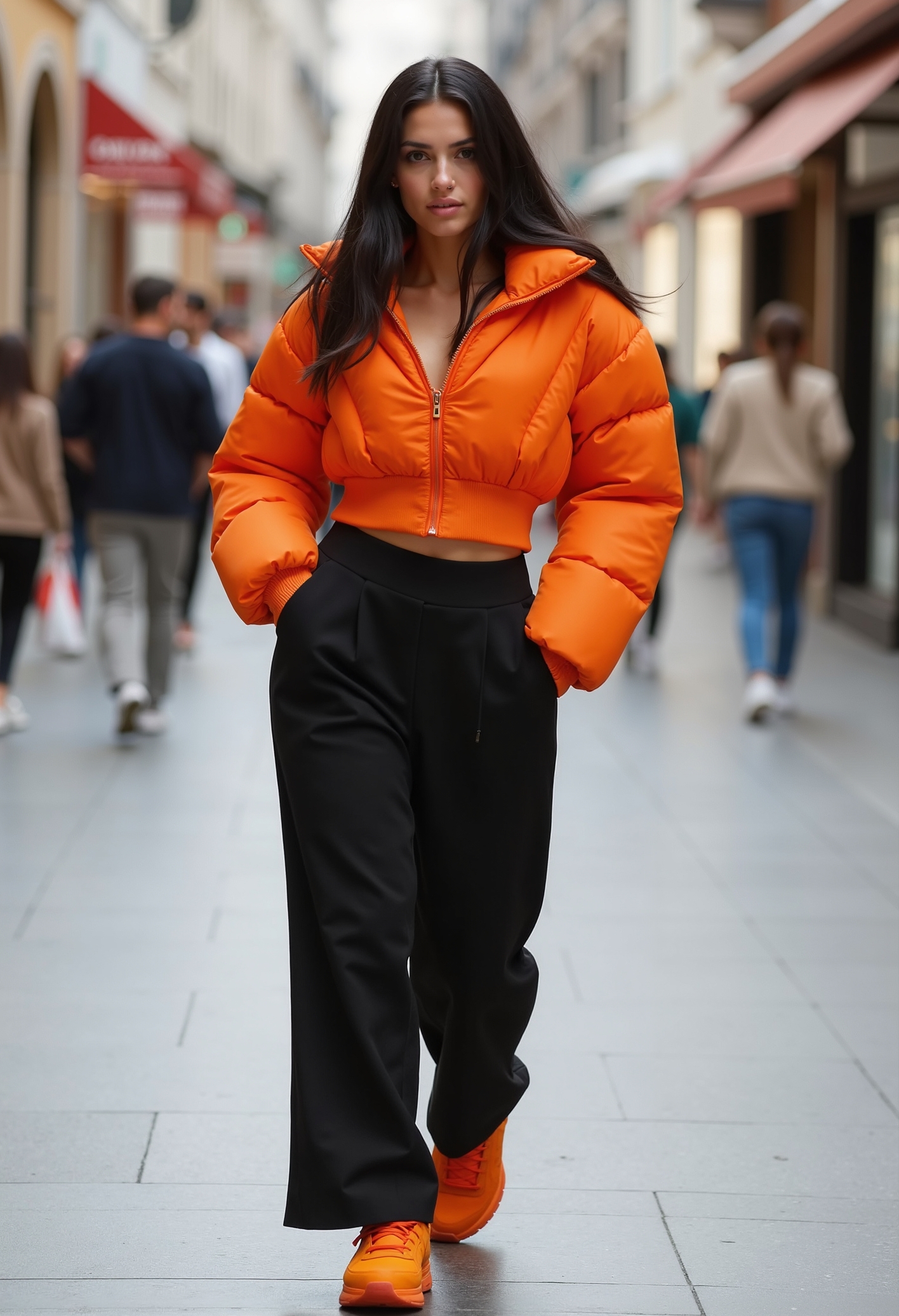 clo017, full body shot of a beautiful woman, lang black hair, wearing a cropped orange puffer jacket with a high collar and ribbed waist panels, ribbed waistband, long black trousers, orange sneakers, walking on a shopping street