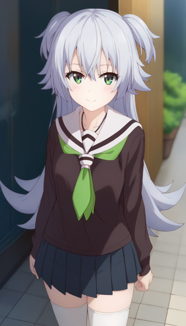 score_9,score_8_up,score_7_up,score_6_up BREAK official art,solo,outdoors,cowboy shot,looking at viewer,facing viewer,smile,blush,(petite:1.5),Tenkuji Sora,very long hair,grey hair,two side up,hair between eyes,parted bangs,green eyes,school uniform,white sailor collar,black shirt,green neckerchief,long sleeves,small breasts,miniskirt,black skirt,pleated skirt,zettai ryouiki,white thighhighs,loafers,<lora:Tenkuji Sora(dhh)-Pony:1.8>,