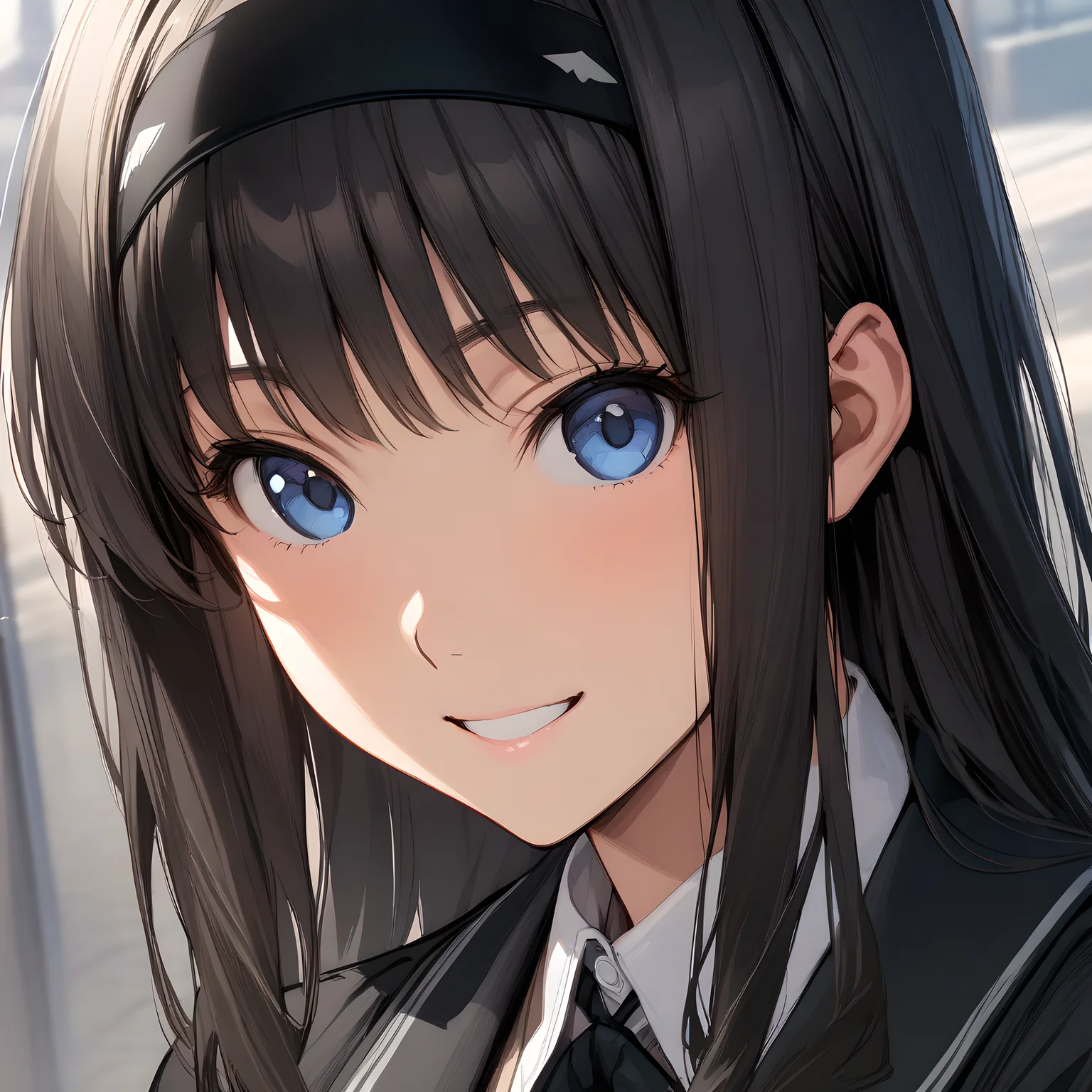 (masterpiece),(best quality),(ultra-detailed),(best illustration),(best shadow),(absurdres),(detailed background),(very aesthetic), haruka_morishima, 1girl, solo, kibito high school uniform, school uniform, hairband, long hair, blue eyes, black hair, long sleeves, smile, black jacket, jacket, very close-up, portrait, <lora:Haruka_Morishima:1>