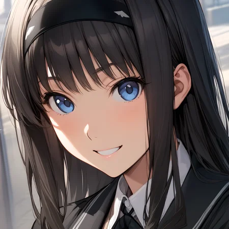 (masterpiece),(best quality),(ultra-detailed),(best illustration),(best shadow),(absurdres),(detailed background),(very aesthetic), haruka_morishima, 1girl, solo, kibito high school uniform, school uniform, hairband, long hair, blue eyes, black hair, long sleeves, smile, black jacket, jacket, very close-up, portrait, <lora:Haruka_Morishima:1>