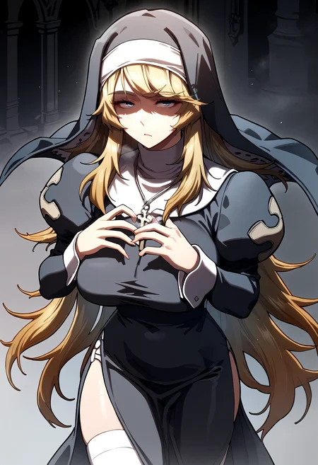 score_9, score_8_up, score_7_up, score_6_up, source_anime, rating_explicit, <lora:neg4all_bdsqlsz_V3.5:2.0>1girl, (solo:1.1), huge breasts, <lora:Aniseponyxl:1> blonde hair, long hair, nun, habit, bangs, cross necklace, blue eyes, black dress, juliet sleeves, puffy sleeves, long sleeves, side slit, white thighhighs, expressionless, Narrow shoulders, heavy breathing, steaming body, Cathedral, indoor