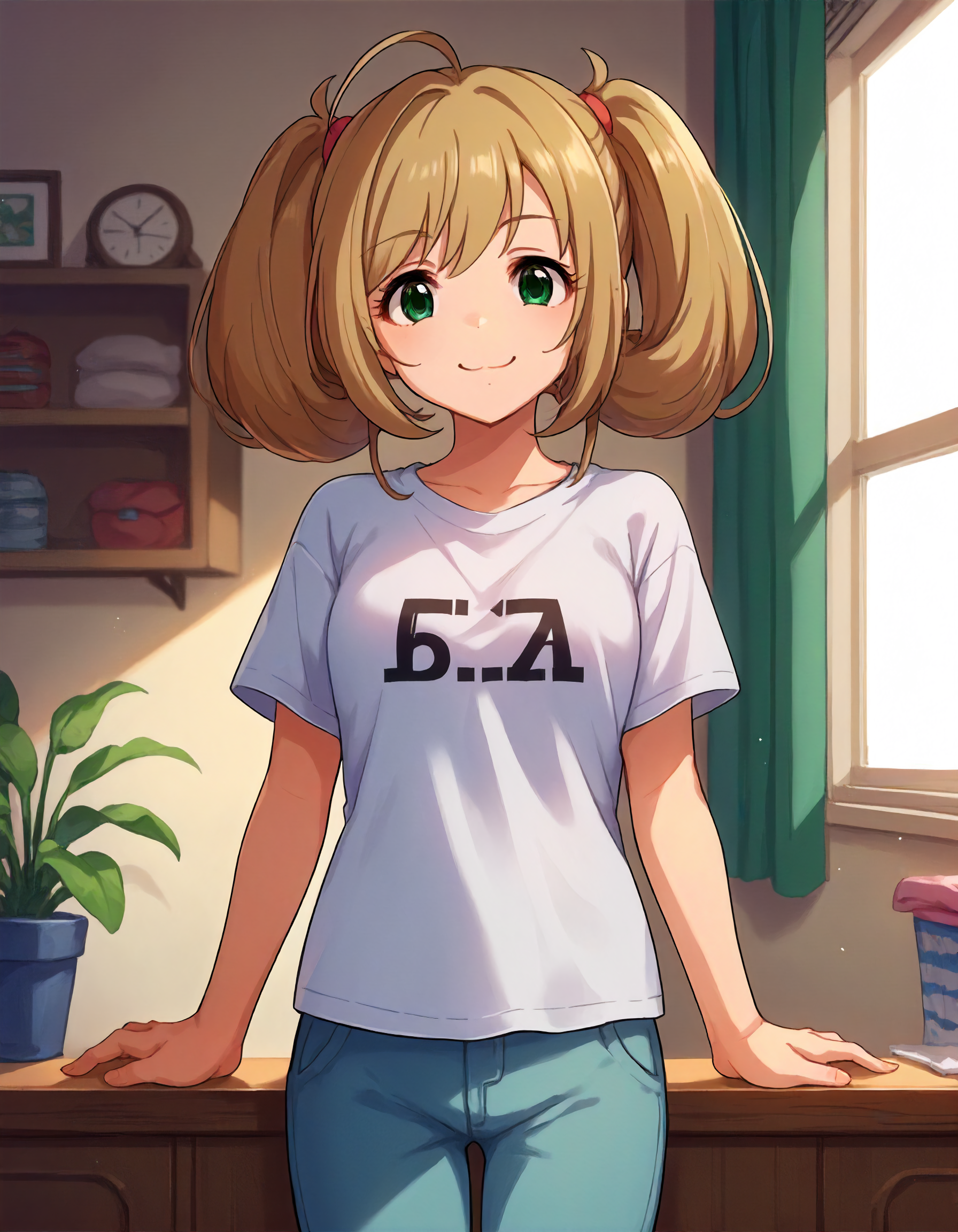 score_9,score_8_up,score_7_up,1girl,solo,cowboy shot,looking at viewer,smile,closed mouth,indoors,
<lora:satoushin_ponyXLV6:0.8>,cgsts,
light brown hair,ahoge,twintails,green eyes,
T-shirt,pants