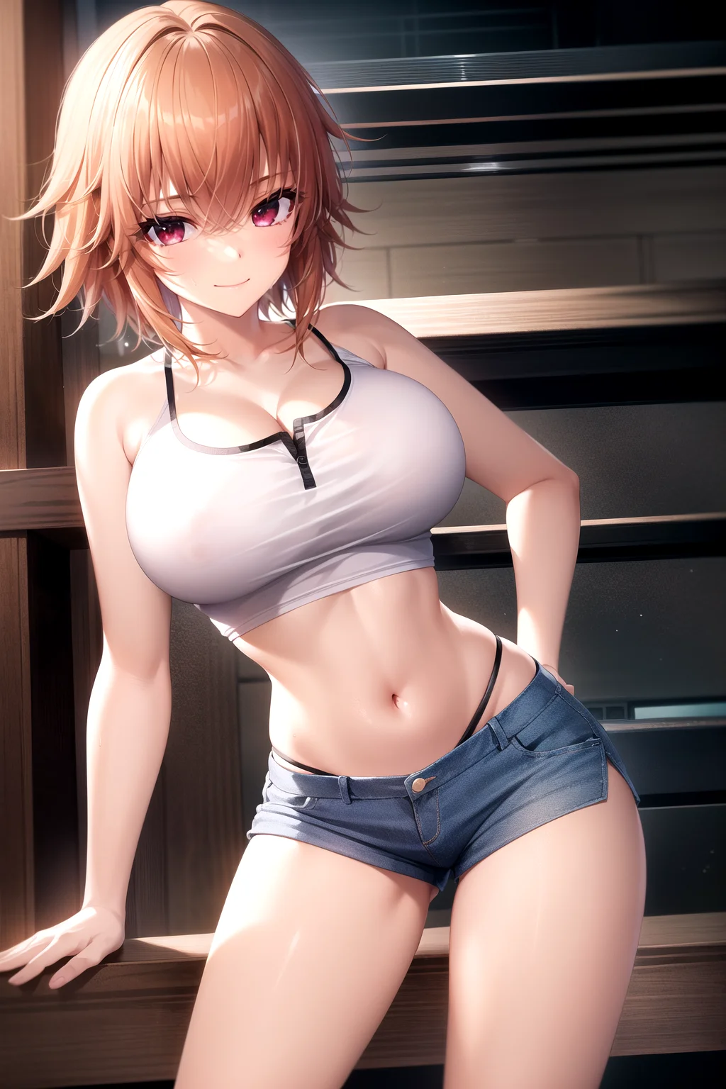 masterpiece, best quality, best aesthetic, anime, ultra detailed, takahashi_mitsuki, 1girl, solo, (short hair, orange hair:1.2), (ahoge:1.2), (large breasts, huge breasts:1.2), wide hips, long legs, midriff, navel, (white shirt, blouse:1.2), (tank top, black trimming:1.2), sleeveless, cleavage, (crop top:0.5), (blue shorts, short shorts:1.2), denim shorts, (panties under shorts, red panties, string panties:1.25), (standing:1.21551), smile, closed mouth, legs apart, hand on hip, park, outdoors, cowboy shot, looking at viewer, 8k, (absurdres:1.48), very detailed, greatly detailed, anime, beautiful, anatomically correct<lora:EMS-179-EMS:0.200000>, <lora:EMS-468285-EMS:0.800000>