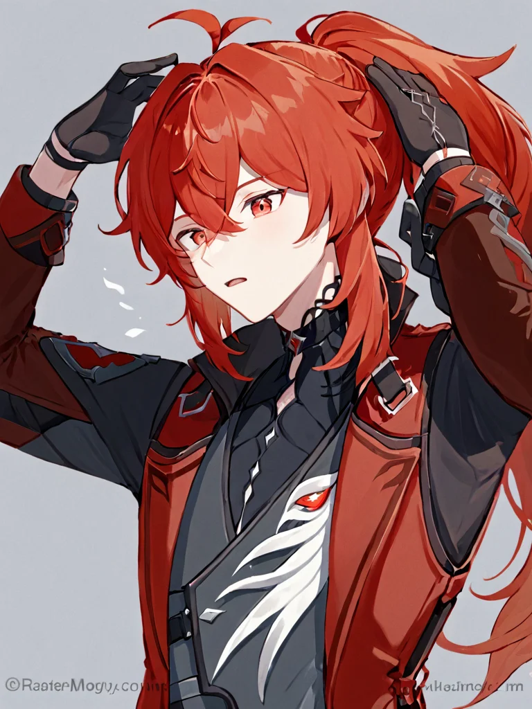 <lora:diluc2_xl:1>,diluc (genshin impact), 1boy, long hair, male focus, solo, red eyes, gloves, mouth hold, red hair, bangs, ponytail, hair between eyes, shirt, hair tie, long sleeves, black gloves, official alternate costume, vest, jacket, belt, black shirt, twitter username, sidelocks, hair tie in mouth, arms up, upper body, simple background, open clothes, tying hair, grey background, red jacket, high ponytail, black belt