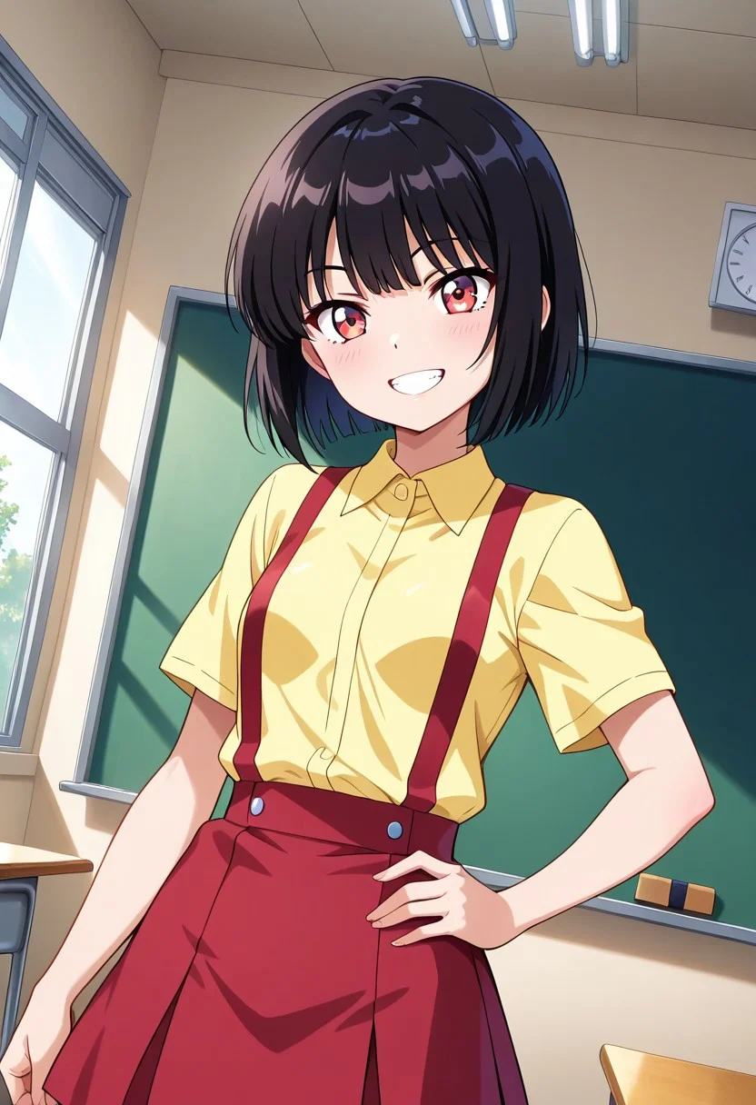 general,highres, ultra-detailed,very aesthetic,best quality ,best hands,best eyes,easynegative,
dynamic anglre, dutch angle, anime cloring,
1girl solo,looking at viewer,smile,school, indoors,hand on hip,teeth,
Toire no Hanako-san no Sakurako-san,black_hair, short_hair, small breasts, short body,yellow shirt,suspenders, red skirt,
