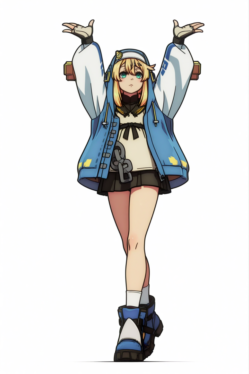 anime style, anime coloring,  Bridget, otoko no ko, Standing on tiptoes with arms raised above the head <lora:Guilty_Gear_Strive_-_Dual_Rulers_-_Bridget_-_illustrious:0.8>