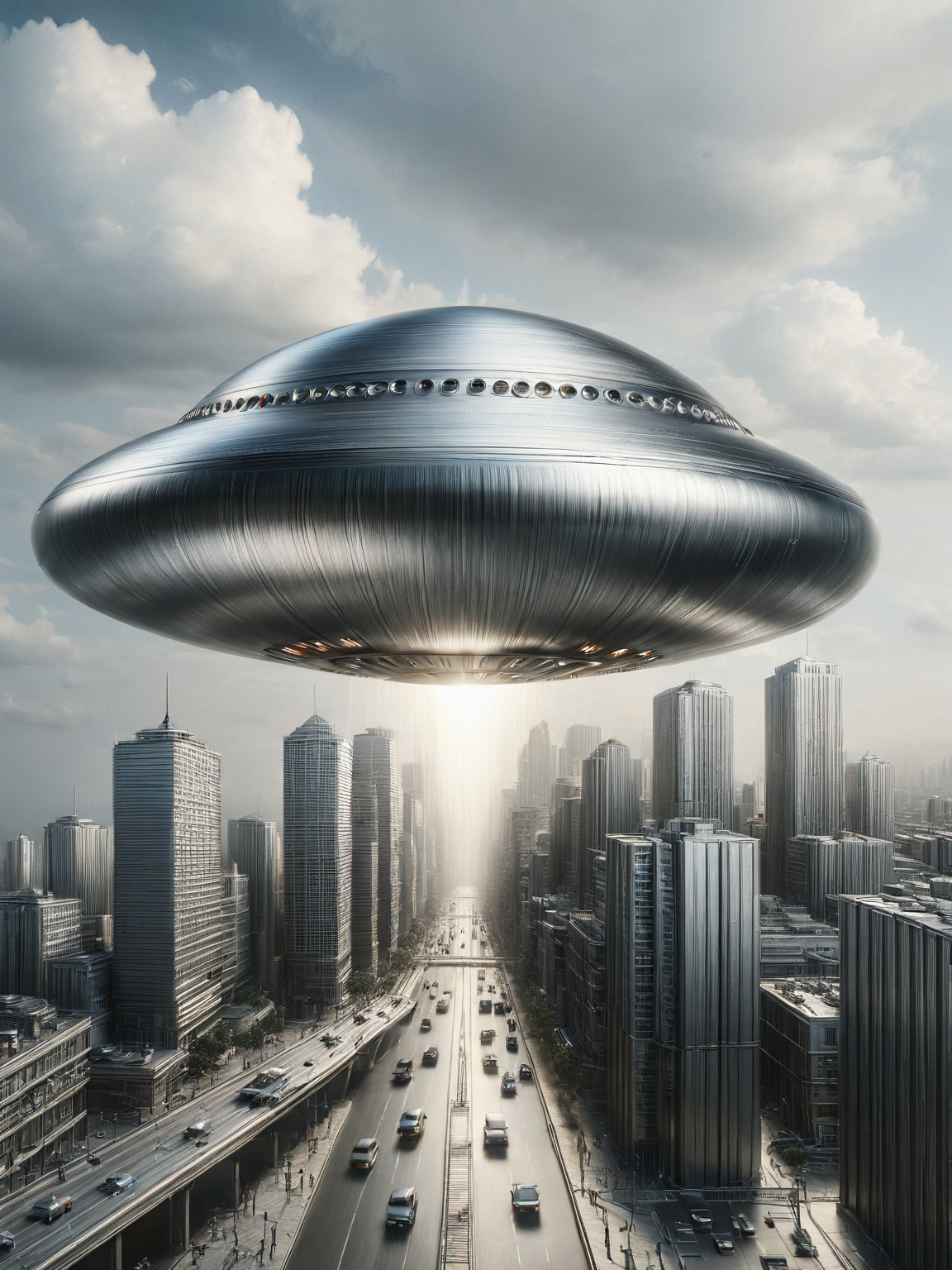 An ais-steelz UFO hovering menacingly over a city <lora:Brushed_Steel_Style_SDXL:1>