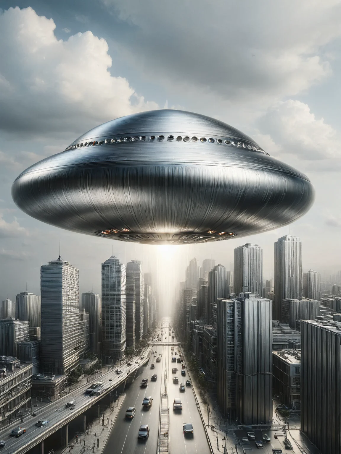 An ais-steelz UFO hovering menacingly over a city <lora:Brushed_Steel_Style_SDXL:1>