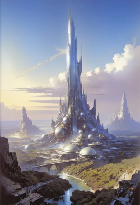 A futuristic cityscape at dusk. The central focus is an immense, towering skyscraper with a sleek, reflective surface that reflects the soft, ambient light of the setting sun. The building's design is futuristic, with a tapering top and a complex, organic base that seems to blend seamlessly with the landscape. In the foreground, a serene river runs through a valley lined with lush, green trees. Bridges and elevated walkways connect the base of the skyscraper to the surrounding buildings. The buildings in the foreground are more modest in size, with a mix of glass and metallic facades, indicating modern architecture. In the background, the cityscape stretches into the distance, showcasing a variety of skyscrapers and high-rises, some of which are needle-like, indicating a focus on verticality and density. The sky is a gradient of deep blues and purples, with scattered, fluffy clouds casting shadows on the buildings below. The overall color palette is cool and serene, with the soft lighting enhancing the futuristic, utopian atmosphere of the scene.
