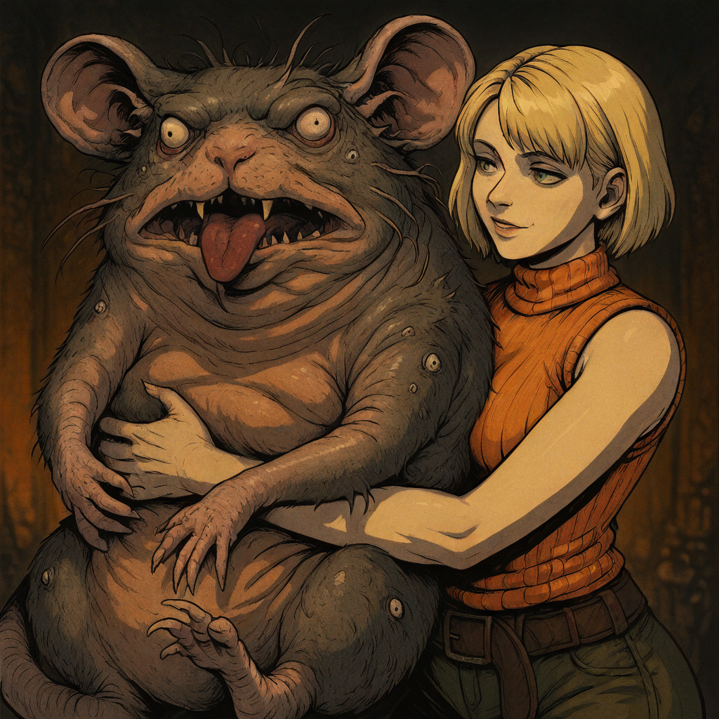 masterpiece, best quality, newest, absurdres, highres, CWKIV1.0, 1girl, ashley graham (resident evil), blonde, orange shirt, blonde hair, orange sweater,  sleeveless, sleeveless sweater, sleeveless tutrleneck, turtleneck, short hair, curtained hair, monster, hug, oversized animal, rat, hugging rat, hugging pet, oversized rat,