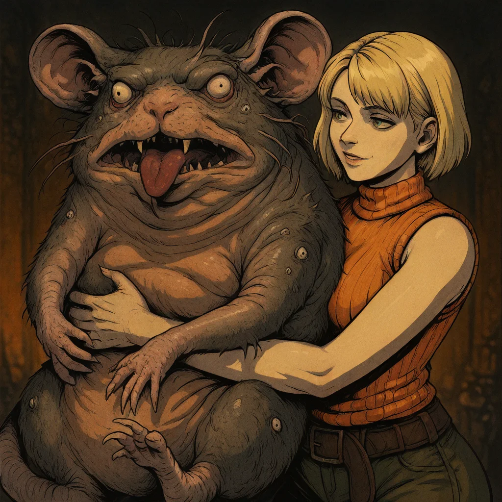 masterpiece, best quality, newest, absurdres, highres, CWKIV1.0, 1girl, ashley graham (resident evil), blonde, orange shirt, blonde hair, orange sweater, sleeveless, sleeveless sweater, sleeveless tutrleneck, turtleneck, short hair, curtained hair, monster, hug, oversized animal, rat, hugging rat, hugging pet, oversized rat,