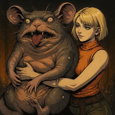 masterpiece, best quality, newest, absurdres, highres, CWKIV1.0, 1girl, ashley graham (resident evil), blonde, orange shirt, blonde hair, orange sweater, sleeveless, sleeveless sweater, sleeveless tutrleneck, turtleneck, short hair, curtained hair, monster, hug, oversized animal, rat, hugging rat, hugging pet, oversized rat,