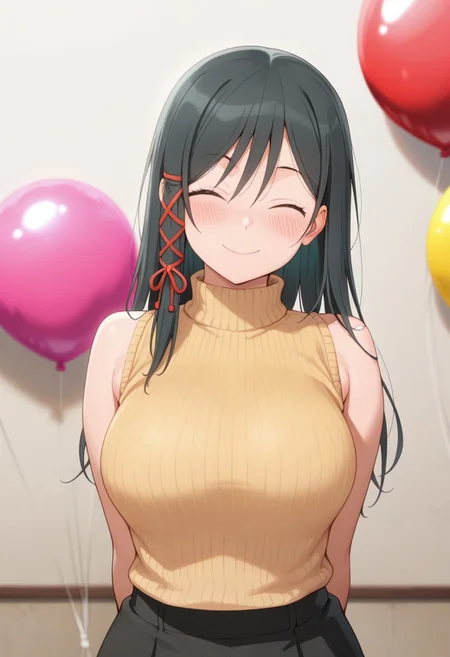 masterpiece,best quality,amazing quality, amagami yae, long hair, black hair, 1girl, closed eyes, solo, smile, sleeveless, balloon, sweater, blush, arms behind back, yellow sweater, ribbon, hair ribbon, turtleneck
