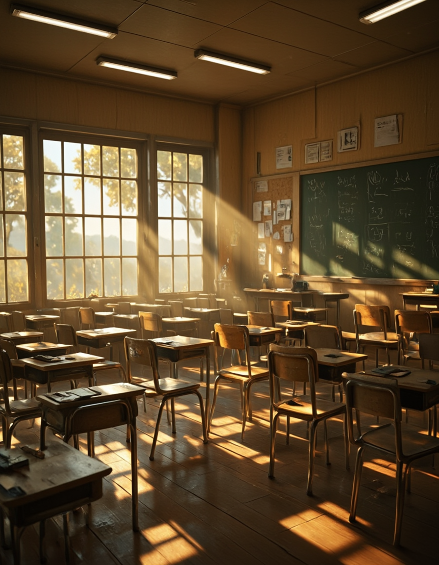 <lora:CW02_Lost_Officev2fluxc:1>  This classroom exudes a warm, nostalgic, and peaceful atmosphere, captured beautifully in soft, golden sunlight streaming through the windows. It feels like a snapshot of a quiet morning, just before students arrive or perhaps long after theyâve gone, leaving behind only the echo of their presence.
The room is filled with neatly arranged wooden desks and chairs, all facing toward a green chalkboard on the right side. The furniture is vintageâsimple and timeworn, with warm tones that enhance the cozy feeling of the space. Each desk is slightly different in position, some with papers, notebooks, or books left behind, adding to the realism and subtle storytelling of the scene.
The walls and ceiling are a uniform, slightly faded neutral brown, giving the space a muted, contemplative tone. The chalkboard is filled with handwritten content, presumably lessons or notes, and sunlight reveals chalk dust and faint erasure marks that hint at a long history of use.
At the back of the room stands a wooden teacherâs desk beneath large square windows that dominate the far wall. Outside, the view is of leafy trees and gentle hills bathed in golden morning light, suggesting a rural or suburban setting. More light pours in through windows on the left wall, creating long diagonal shadows across the wooden floor and dancing flecks of dust in the air.
A cork bulletin board next to the window displays papers, notes, and student work, contributing to the lived-in, educational feel. Overhead, the ceiling is lined with fluorescent tube lights, though they are turned offâthe natural light is more than enough to illuminate the room.
The entire setting feels timeless, as though it could be from the 1980s, 1990s, or even today in a less modernized school. It's a place of learning, yesâbut also of memories, routine, quiet reflection, and subtle beauty. The light, the wooden textures, and the untouched stillness of the space create a scene that is almost cinematic in its gentle ambiance.