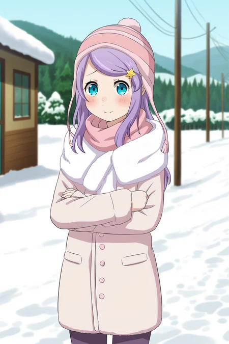 <lora:Anastasia_Hoshin_ReZero:1>, purple hair, blue eyes, anastasia hoshin, standing, winter coat, arms crossed, blush, cold, cute, outdoors, snow, depth of field,