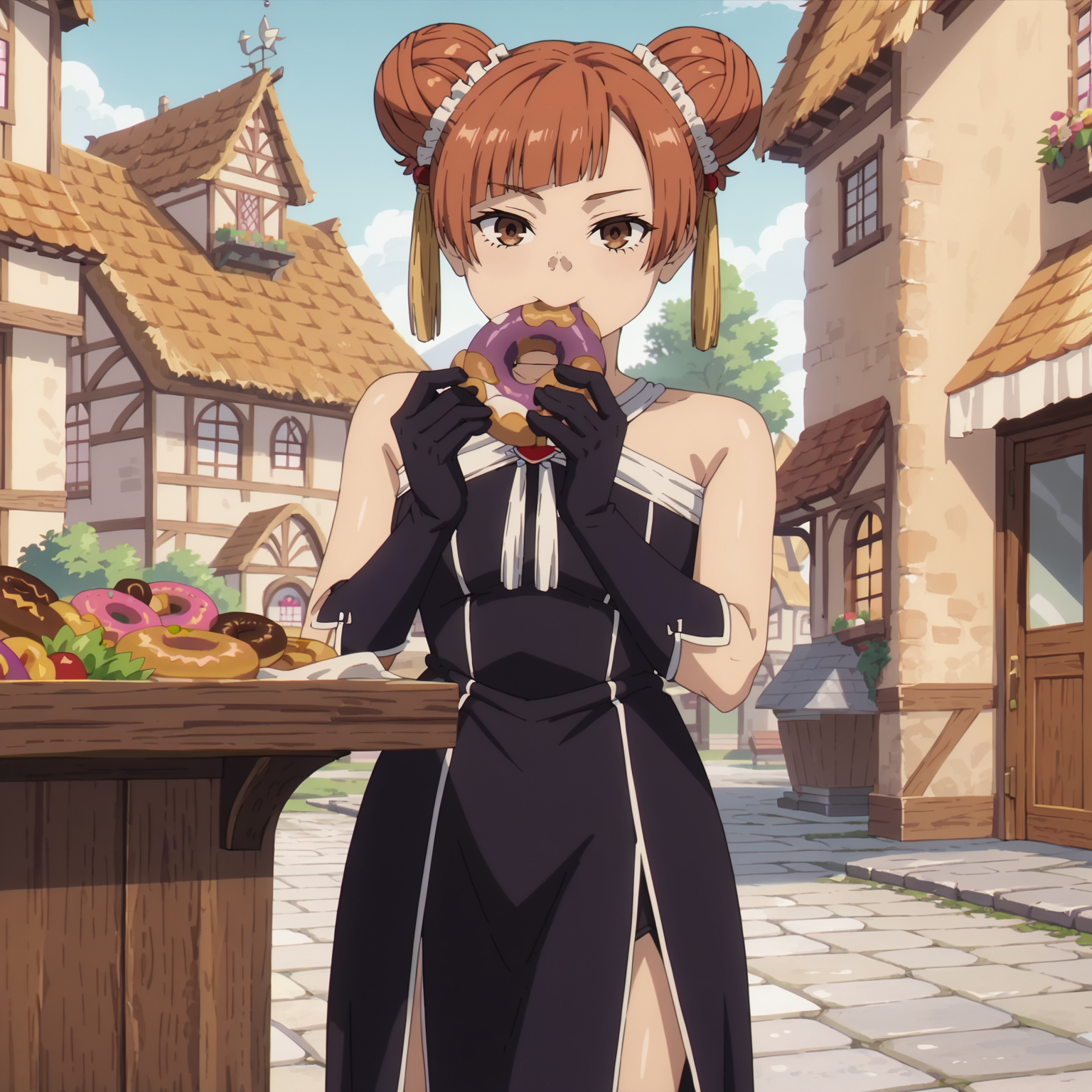 <lora:LaufenXL004>,<lora:DetailedEyes_V3:1.6>,looking at viewer,
solo,
anime screencap,
score_9,score_8_up,
Laufen,1girl,brown hair,short hair,double bun,brown eyes,yellow hairornament,
black dress,bare shoulders,
gloves,
pelvic curtain,
medieval town,doughnut,eating,outdoors,building,