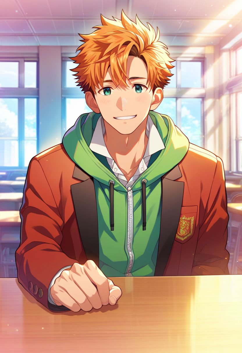 1boy, male focus, 
,((zPDXL)), score_9_up, score_8_up, score_7_up, score_6_up, score_5_up, score_4_up, best quality, amazing quality, best aesthetic, absurdres, year2023, uncensored, nsfw, official art, official style, depth of field, detailed eye,
 <lora:Character - StaOke - Takuto Akabane:0.8> green eyes, orange hair, takuto
indoors, window,  cowboy shot, 
classroom, pov across table, looking at viewer, smile, 
takutoschool, red blazer, green hoodie, hood,