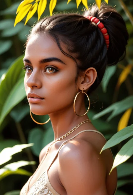 (score_9, score_8_up, score_7_up, score_6_up), fashion photography portrait of indian girl with blue hair, in lush jungle with flowers, 3d render, cgi, symetrical, octane render, 35mm, bokeh, 9:16, (intricate details:1.12), hdr, (intricate details, hyperdetailed:1.15), (natural skin texture, hyperrealism, soft light, sharp:1.2), detailed, sunlight passing through foliage, (dynamic pose), (side view), india