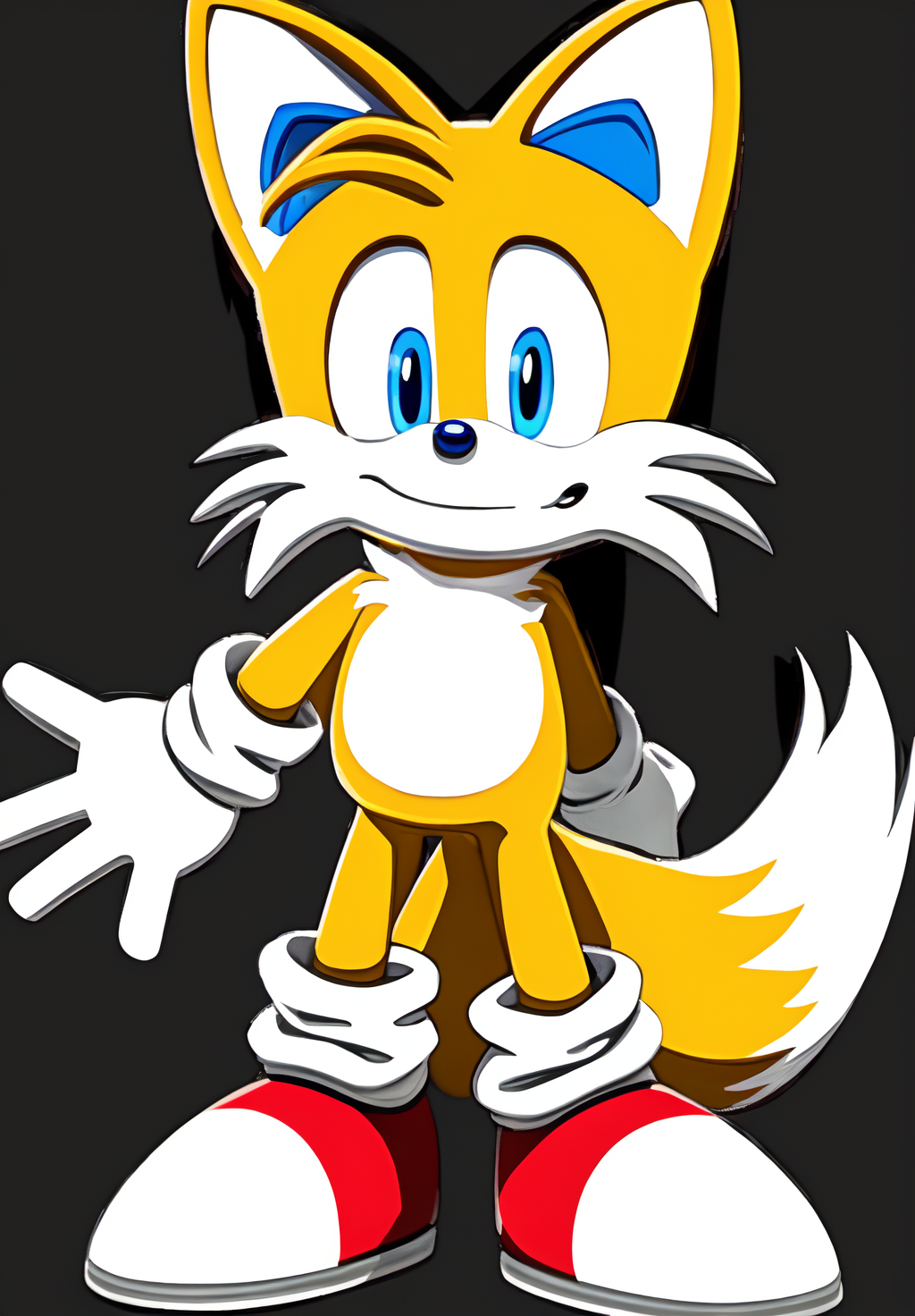 <lora:Tails:0.8>, Tails, solo, looking at viewer, smile, simple background, 1boy, standing, full body, male focus, black background, outline, furry male, fox boy