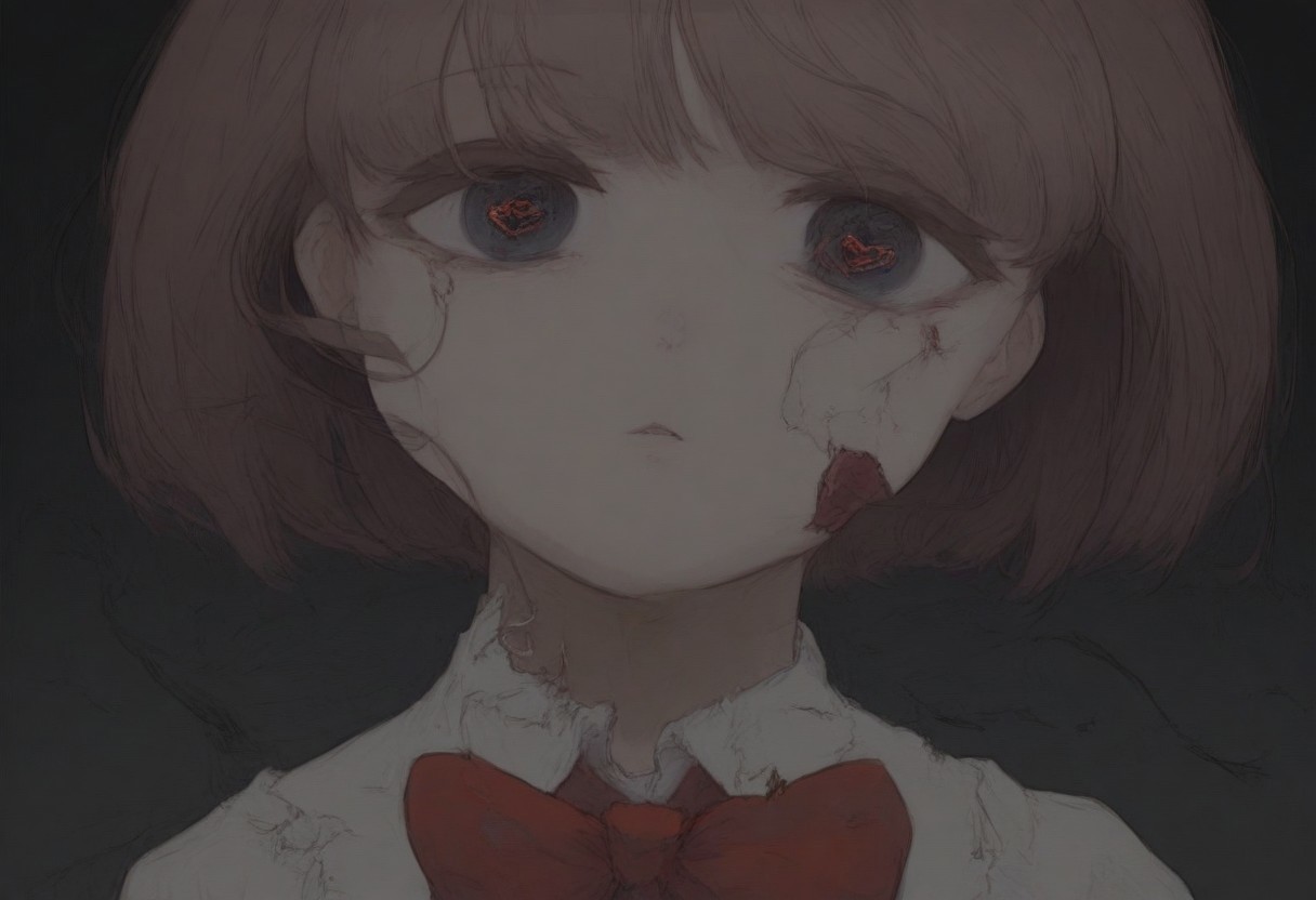black background, night, broken hearts, 1girl, closeup, black, dull eyes, looking at the viewer, bright red bow on the neck, easynegative, detailed, beautiful, dark.