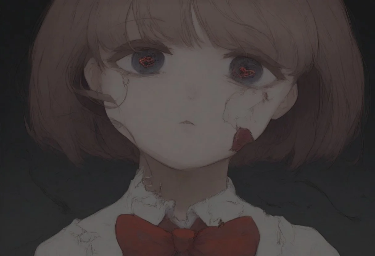 black background, night, broken hearts, 1girl, closeup, black, dull eyes, looking at the viewer, bright red bow on the neck, easynegative, detailed, beautiful, dark.