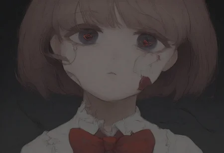 black background, night, broken hearts, 1girl, closeup, black, dull eyes, looking at the viewer, bright red bow on the neck, easynegative, detailed, beautiful, dark.