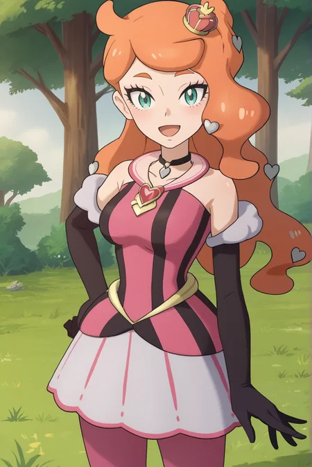 score_9, score_8_up, score_7_up, score_6_up, score_5_up, score_4_up, BREAK source_anime, 1girl, solo,
<lora:SoniaXL-v2-06:0.8>, ChopioSonia, long hair, orange hair, heart hair ornament, aqua eyes, eyelashes, looking at viewer, 
hair down, mini crown,
medium breasts, wide hips,
outfit_3, pendant choker, pink dress, bare shoulders, black elbow gloves, white skirt, overskirt, pink pantyhose,
outdoors, nature, grass, standing, smile, open mouth,