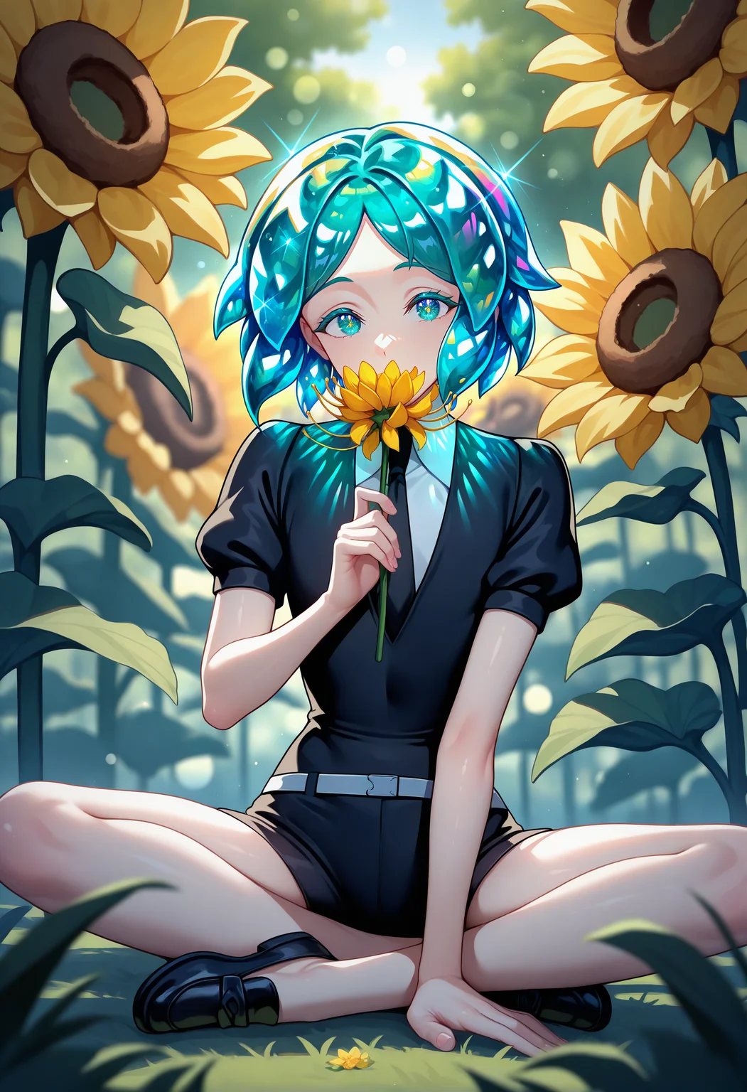 masterpiece, best quality, newest, absurdres, highres, phosphophyllite, gem uniform \(houseki no kuni\),solo, extremely exquisite female facial description,eye reflection,colorful,detailed light,light leaks,sunlight,shine,bokeh,blurry foreground,ray tracing,lens flare,cinematic lighting,sunflower,spider lily,blue flower, (realistic:0.4), foreshortening, outdoors, sitting, forest, lotus position, indian style, shoes, holding flower,