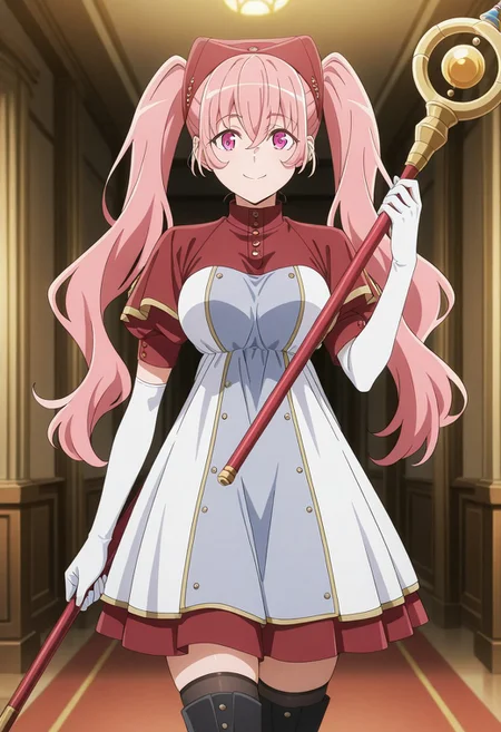 masterpiece,best quality,amazing quality,very aesthetic,absurdres,newest, [anime screencap], [anime coloring], [colorful], {source_anime}, <lora:spo_sdxl_10ep_4k-data_lora_webui:0.5>, <lora:add-detail-xl:1> 1girl, pink hair, gloves, twintails, thighhighs, long hair, cowboy shot, boots, white gloves, pink eyes, dress, black thighhighs, elbow gloves, looking at viewer, smile, d_heith velvet, indoor, magic staff, holding, holding staff, daynamic view,