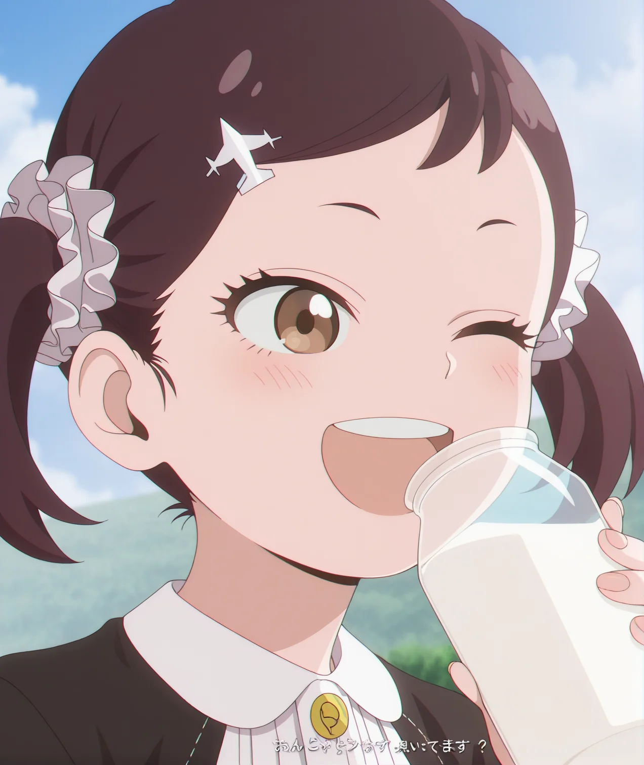 masterpiece,best quality,amazing quality,becky blackbell,black hair,hair ornament,twintails,hairclip,scrunchie,hair scrunchie,brown eyes,anime screencap,<lora:becky-blackbell-s1-illustriousxl-lora-nochekaiser:1>,smile,sky,realistic,;d,mid_shot,drinking milk,text: "Becky Milk",