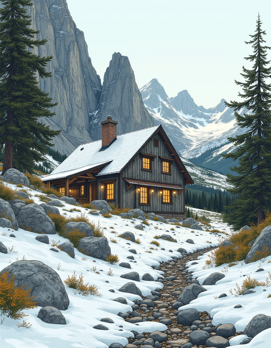 f4nt4st1c  a cottage in a snowy mountain landscape
 <lora:fantastic-realism:0.8>