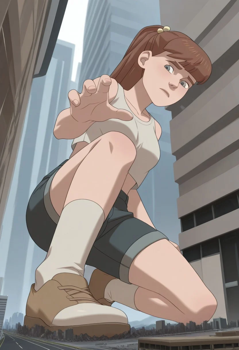 , giantess, full body view, foreshortening, foreshortening, Giantess, City, reaching for viewer, extremely close finger, kneeling, on one knee, giantess, from below, cross laced sandals, best quality, absurdres, 1girl, solo, breasts, hips, embarrassed
score_9, score_8_up, score_7_up, score_6_up, <lora:monster_girlIL:0.9> m_g, 1girl, brown ponytail hair, bangs, hairpin, small body, skinny body, grey eyes, wide hips, denim shorts, knee socks, crop top, bare shoulders, cute face,perfect anatomy
<lora:giantess-ponyxl-lora-nochekaiser:1> giantess, giant, city, building, outdoors, destruction,