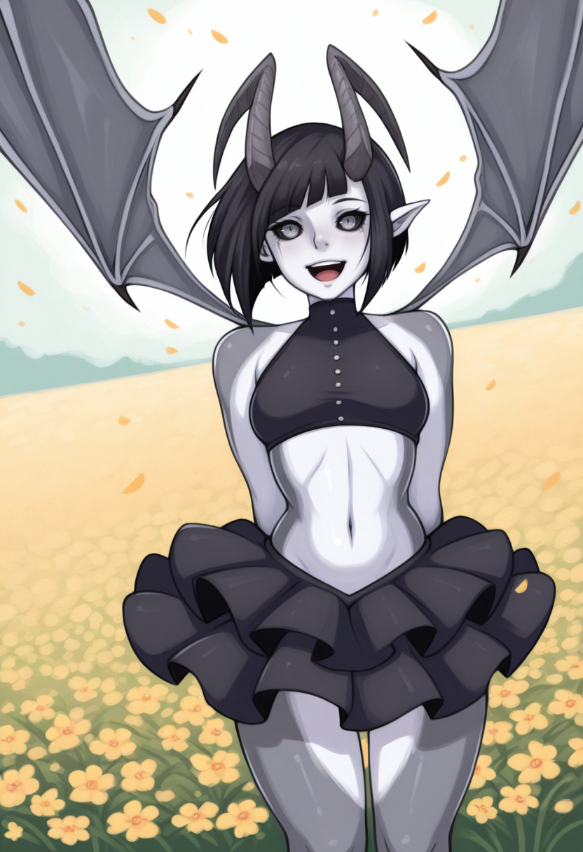 masterpiece, high quality, amazing detail,
1girl, solo,
ss-succh5, demon girl, grey skin, white skin, pointy ears, horns, demon wings, multicolored body, navel, athlethic, body pigmentation, 
black sclera, grey eyes, black crop top, black puffy skirt,
cowboy shot, wind, dynamic pose, :D, flower field, petals, dynamic angle, inverted bob, black hair, wind, 
<lora:SuccubusGirls_HoMM5_ILLU_by_SulfurSniffer:0.7>,   <lora:5-ISH_ILLU_artist_style_model_by_SulfurSniffer:0.8> ss-5ish-illu,