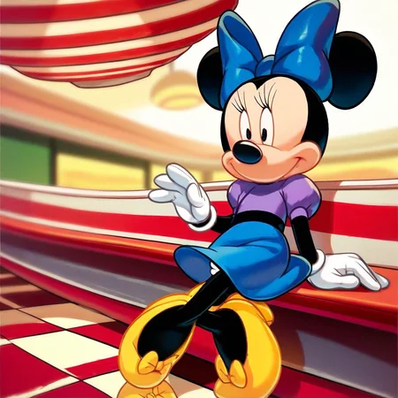 score_9, score_8_up, score_7_up, score_6_up, score_5_up, score_4_up, best quality, masterpiece, cartoon, 1girl, Minnie Mouse, female, mouse, mouse ears, purple shirt, Blue skirt, bow, white gloves, yellow shoes, sitting, diner,